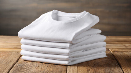 Stack of folded white t-shirts on wooden table, clean cotton apparel for minimalist fashion and clothing presentation