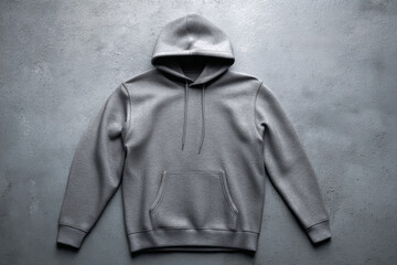 Dark gray hoodie sweatshirt laid flat on concrete background, minimalist casual streetwear apparel mockup for branding and design presentation