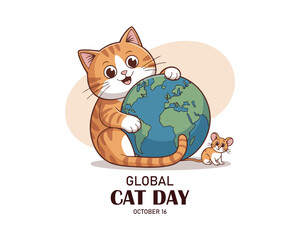 Global cat day illustration with cute cat on globe for pet lovers and cat owners.