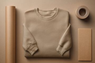 Folded beige sweatshirt with packaging materials on neutral background, minimalist clothing branding and fashion presentation concept