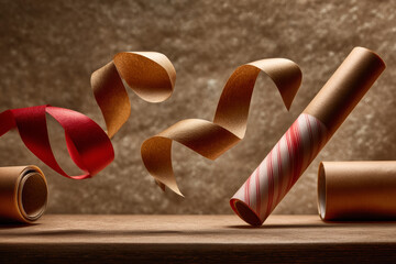 Holiday wrapping paper rolls with red and gold ribbons, festive Christmas gift wrap supplies on wooden table with sparkling background 
