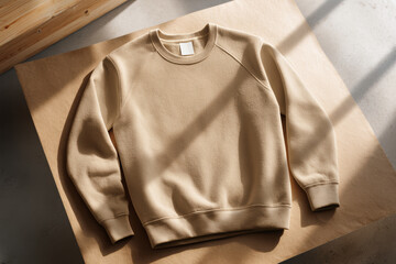 Beige crewneck sweatshirt laid flat on kraft paper with sunlight and shadow, minimalist casual clothing mockup for fashion design or branding 
