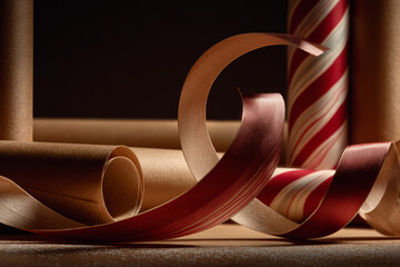 Christmas wrapping paper rolls with red and gold ribbons, festive holiday decor and gift wrap supplies for seasonal celebration 

