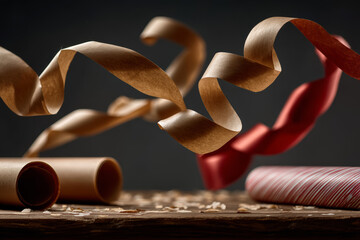 Festive holiday wrapping paper and curled ribbons in warm tones with decorative elements on wooden table for Christmas gift preparation 
