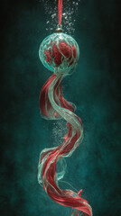 Surreal underwater Christmas ornament with flowing red and white ribbon, dreamy holiday concept
