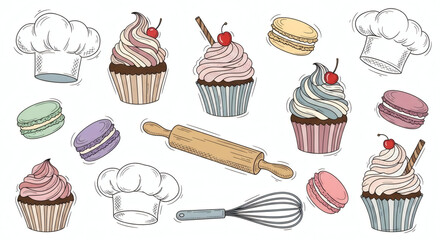 Set of hand drawn sweet illustrations of a bakery. Doodle drawings of cupcakes with swirls of frosting, macarons, rolling pins, whisks, and cheerful chef hats