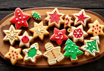 Assortment of homemade Christmas shortbread cookies in festive shapes on rustic wooden board, tasty, butter