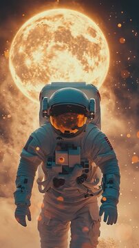 Astronaut and the Moon: An astronaut stands against the backdrop of a large moon amidst a nebula, capturing the essence of exploration and space travel. 