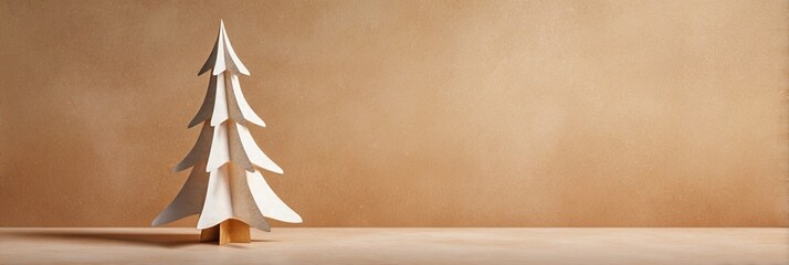 Minimalist white paper Christmas tree sculpture standing elegantly against a warm, soft beige background, creating a serene and modern holiday design aesthetic
