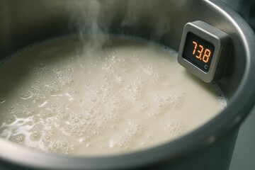Steaming milk in pot showcases food processing industry, highlighting importance of pasteurization for safety and quality