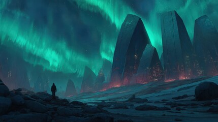 Lone Figure Before Jagged Peaks Under a Swirling Emerald Aurora Sky.