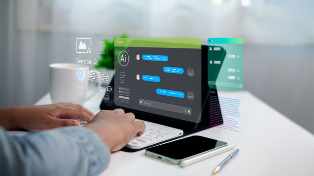 AI chatbot interaction on tablet with futuristic interface, generative AI and data analytics concept
