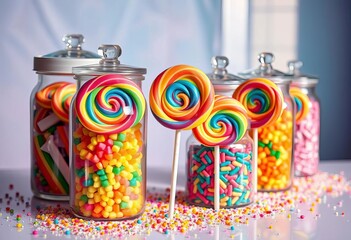 Naklejka premium Rainbow lollipops, colorful candy jars, edible glitter, whimsical display, fun, playful candy