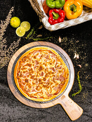 Bacon cheese pizza with melted cheese topping, delicious and savory.