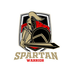 Modern spartan warrior with holding a shield and sword logo design perfect for apparel or branding. Vector Illustration design.