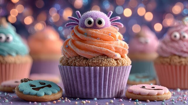 Halloween spider cupcake with orange frosting and cookies dessert treats - Powered by Adobe