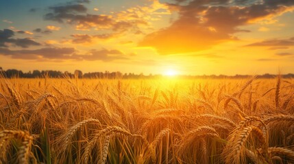 Golden ripening wheat and barley field at sunset with scenic farm landscape