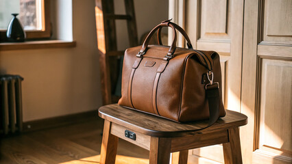 Brown leather bag rests on a wooden stool. Lighting creates a stylish, elegant backdrop, perfect...