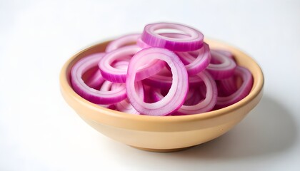 Sliced red onion in a rustic wooden bowl, studio shot on a seamless white background, soft natural lighting, shallow depth of field.
