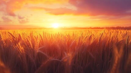 Golden ripening wheat and barley field at sunset with scenic farm landscape