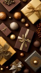 Fototapeta premium Festive arrangement of beautifully wrapped gifts and ornaments in rich colors, showcasing a warm, inviting atmosphere perfect for celebrating holidays and special occasions.