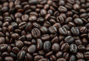Fototapeta premium Dark brown coffee beans, close-up texture showing rich detail, still life, coffee beans