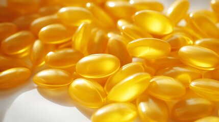 Fototapeta premium Pile of yellow omega-3 capsules scattered in a random pattern on a soft cream fabric surface, gentle natural light casting soft shadows, alternative medicine concept, full-frame,