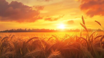 Golden ripening wheat and barley field at sunset with scenic farm landscape
