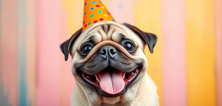 Pug in festive birthday hat, tongue out, happy expression,  stock,  photography