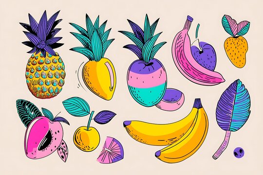 A hand-drawn collection of tropical fruits, including pineapples, mangos, and bananas, in vibrant colors and playful graphic design elements. - Powered by Adobe