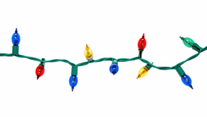 Colorful hanging Christmas lights garland isolated on white background