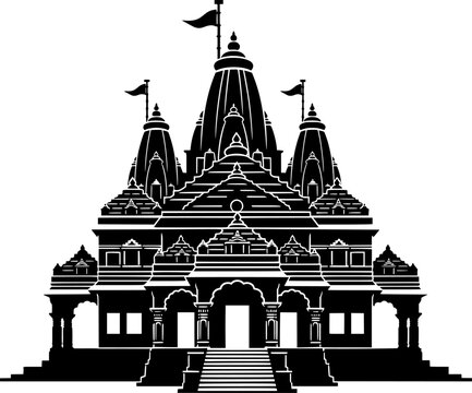 Hindu temple silhouette vector illustration of Indian architecture with domes and flags in traditional style. Ram Temple. Ram Mandir.