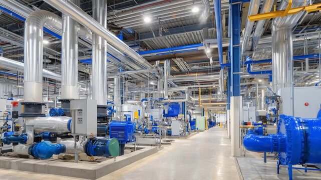 Explore the sleek, industrial elegance of a modern boiler room with towering boilers, polished stainless steel tanks, and a maze of valves under bright factory lighting.