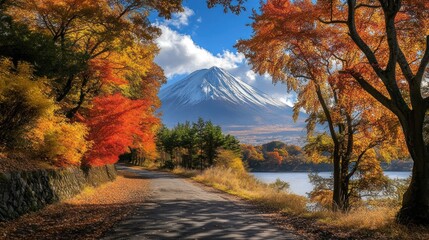 Picturesque Autumn Road Leading to Majestic Mountain Peak Under a Beautiful Blue Sky