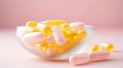 Translucent yellow omega-3 capsules spilling from a small white ceramic bowl onto a soft pink background, highlighting the smooth, shiny surfaces, full-frame,
