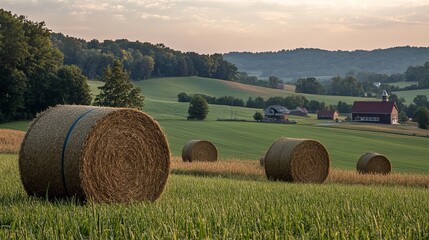 Scenic tuscan countryside with hay bales and rustic farmhouses in italy