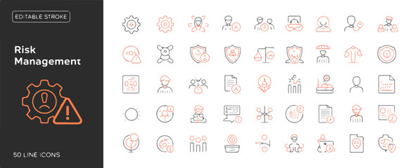 A collection of 50 minimalist risk management line icons arranged in a grid format, with a black and orange color scheme. Editable stroke.