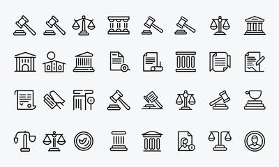 Law and Justice Outline Icons Set. Crime, justice, judge, regulation, court, and more. Editable modern stroke. Vector modern illustration