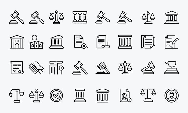 Law and Justice Outline Icons Set. Crime, justice, judge, regulation, court, and more. Editable modern stroke. Vector modern illustration