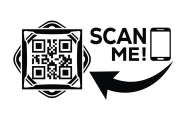 Minimalist black QR code graphic with frame, bold “SCAN ME!” text, smartphone outline, and curved arrow on white background. Clean, modern, digital design for tech or marketing use.