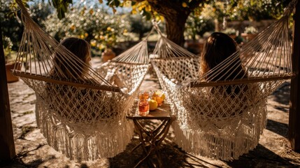 Obraz premium Two People in Hammocks with Drinks and Fruit
