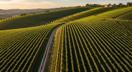 Fototapeta premium Golden Hour Light on Terraced Tuscan Vineyard Landscape with Rural Road and Farmhouse