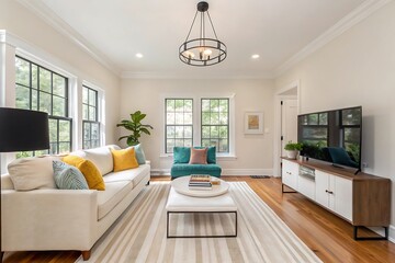 Fototapeta premium Modern Living Room Interior with White Sofa and TV Stand