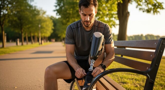 Resilient Man with Prosthetic Leg Lacing Shoe on Park Bench, Ready for Active Lifestyle