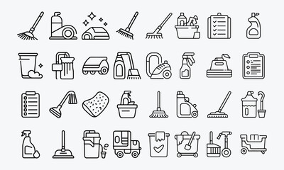 Fototapeta premium Cleaning Web Outline Icons Set. Home cleaning, Washing floors, windows, clothes and more. Vector Illustration. Editable Modern Stroke.