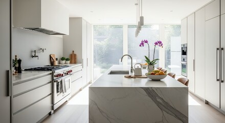 Modern Minimalist Kitchen Interior with White Cabinets, Marble Island Countertop, and Contemporary Design