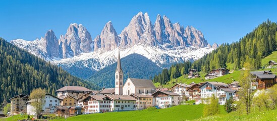 Stunning view of a church, houses, and mountains in the alpine region