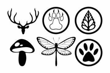 Nature and Wildlife Line Art Icons Set, Black Thin Stroke Vector on White Background, Eco Friendly Minimal Design