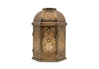 An elegant Arabic style lantern glowing with warm light, showcasing traditional Islamic metalwork art and intricate geometric patterns for a spiritual concept