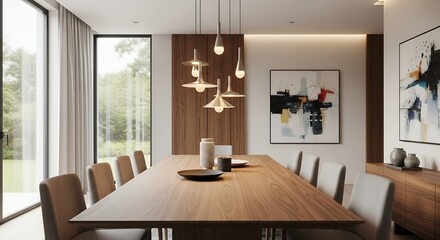 Modern Dining Room Interior with Wooden Table, Stylish Chairs, Pendant Lights, and Abstract Art